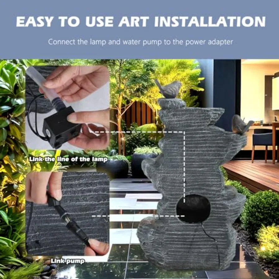 Water Fountain-7 Tiers Cascading, Rock Water Fountain, LED Lights, Outdoor Waterfall Fountain, Garden, Deck, Backyard, Patio, Porch