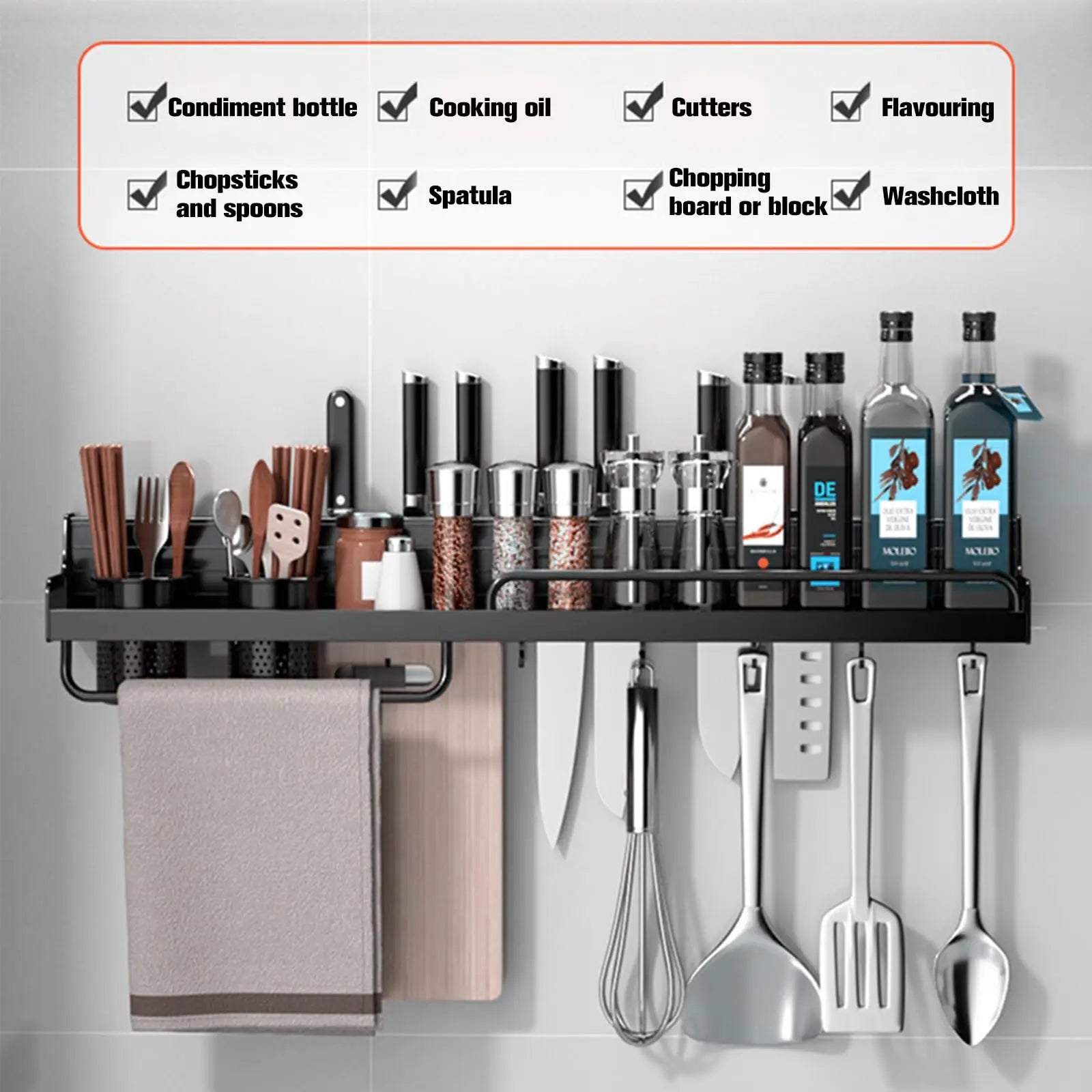 Home Kitchen: Organizer Rack: Hanging Wall Mount - Space-Saving for Spices/Oils,etc., with Utensils Hooks