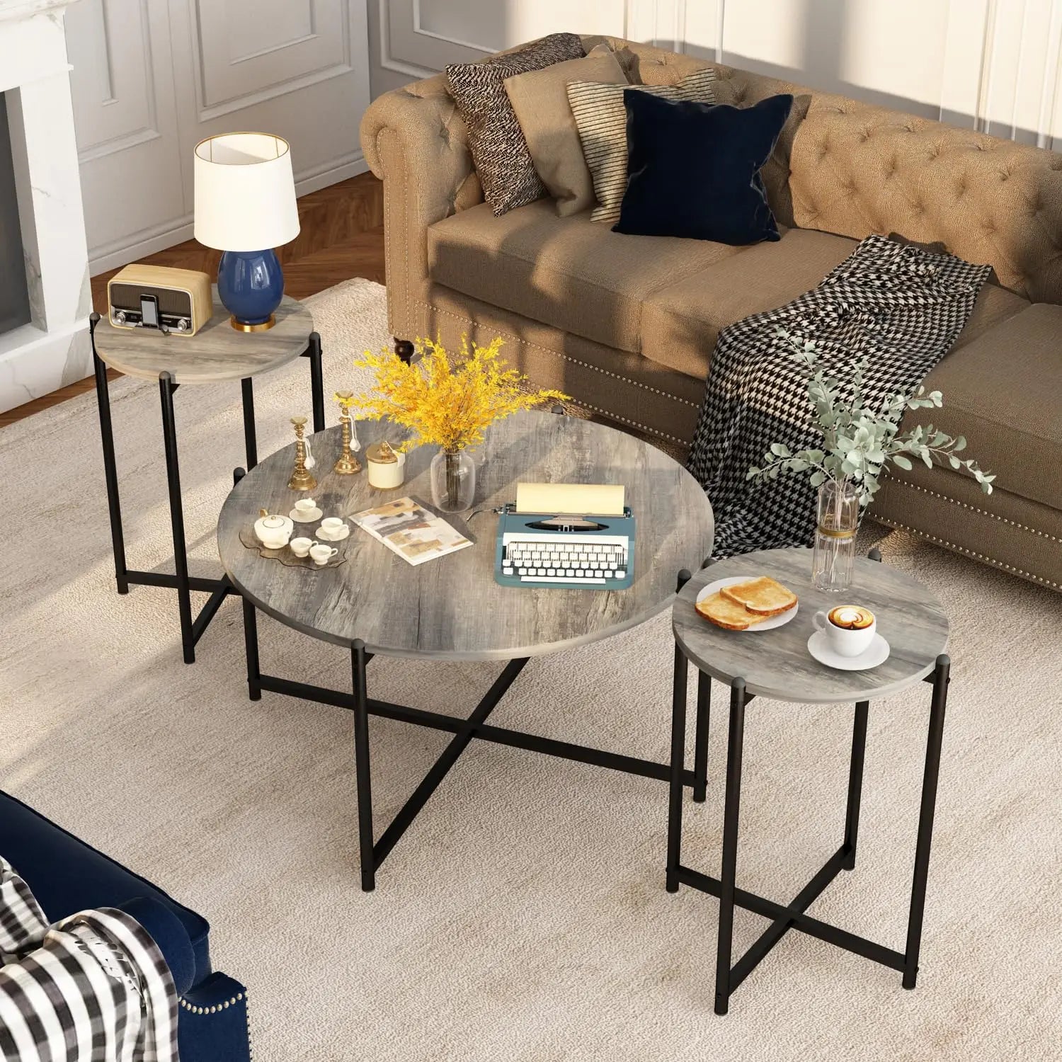Coffee Table Set -Faux Marble Top Coffee Table Set Golden Frame 1 Coffee & 2 Accent Tables, Grey Customized, Living Room, Apartment, Office