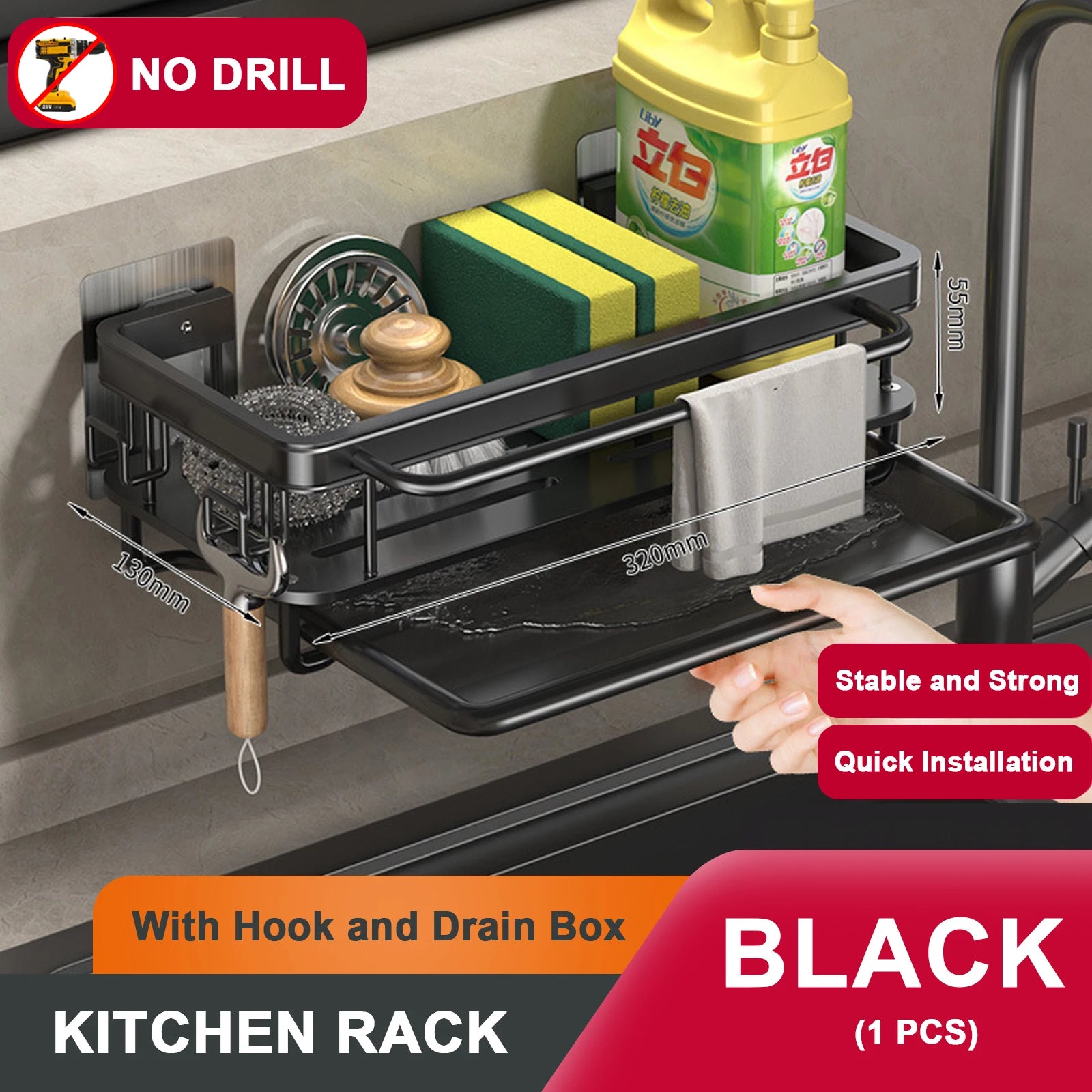 Kitchen-Sink Drain Rack With Tray Aluminum Sink Shelf Soap Sponge Holder Dishcloth Towel Rack Filter Basket