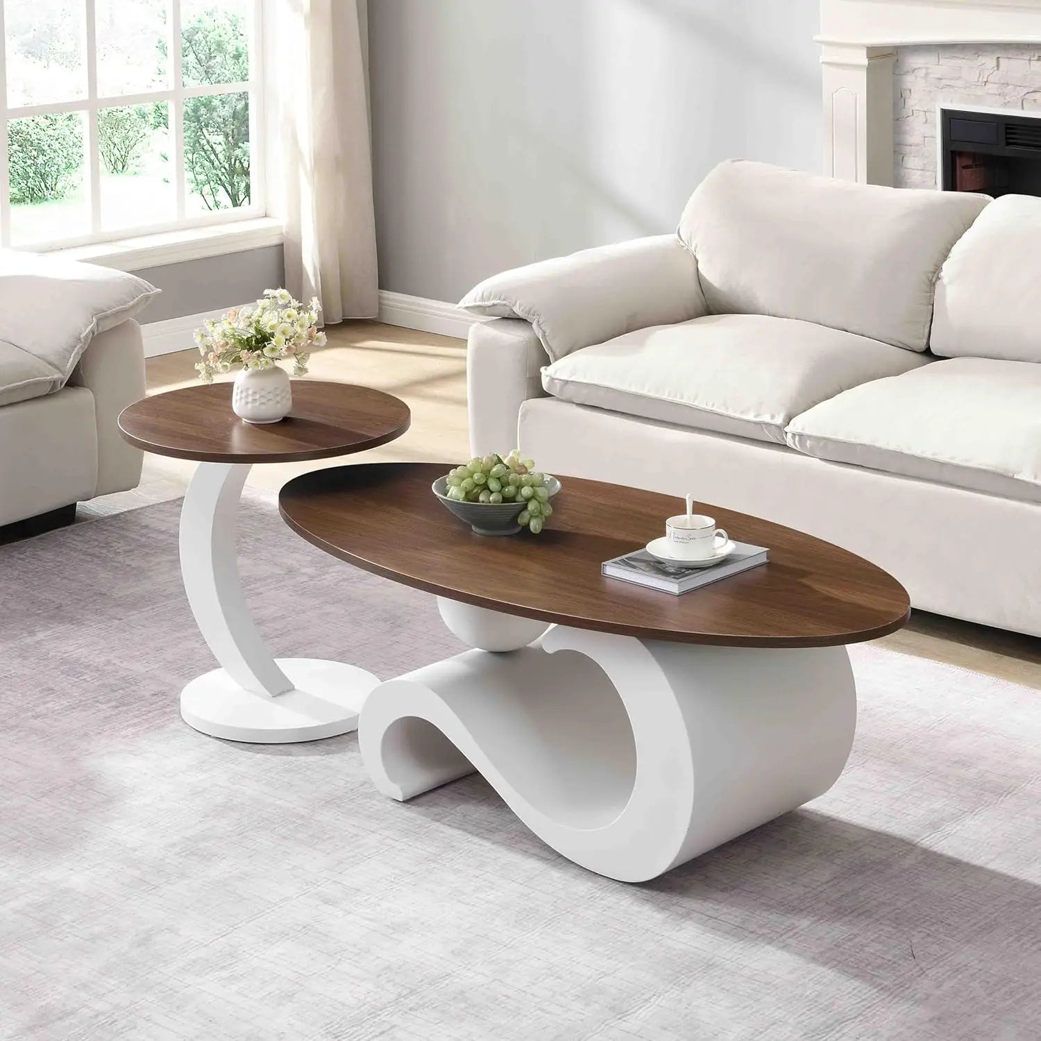 Coffee Table Set-Modern Nesting Oval Coffee Table Set, Faux Marble Top, Gold Metal Base, Living Room, 2pcs, Customized