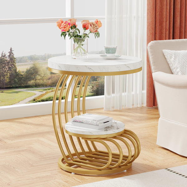 Accent Table-Gold Round Table, 2 Tiers Faux Marble Side Table, Table with Storage Shelf, Modern White Gold Bedside Table, Tribesigns