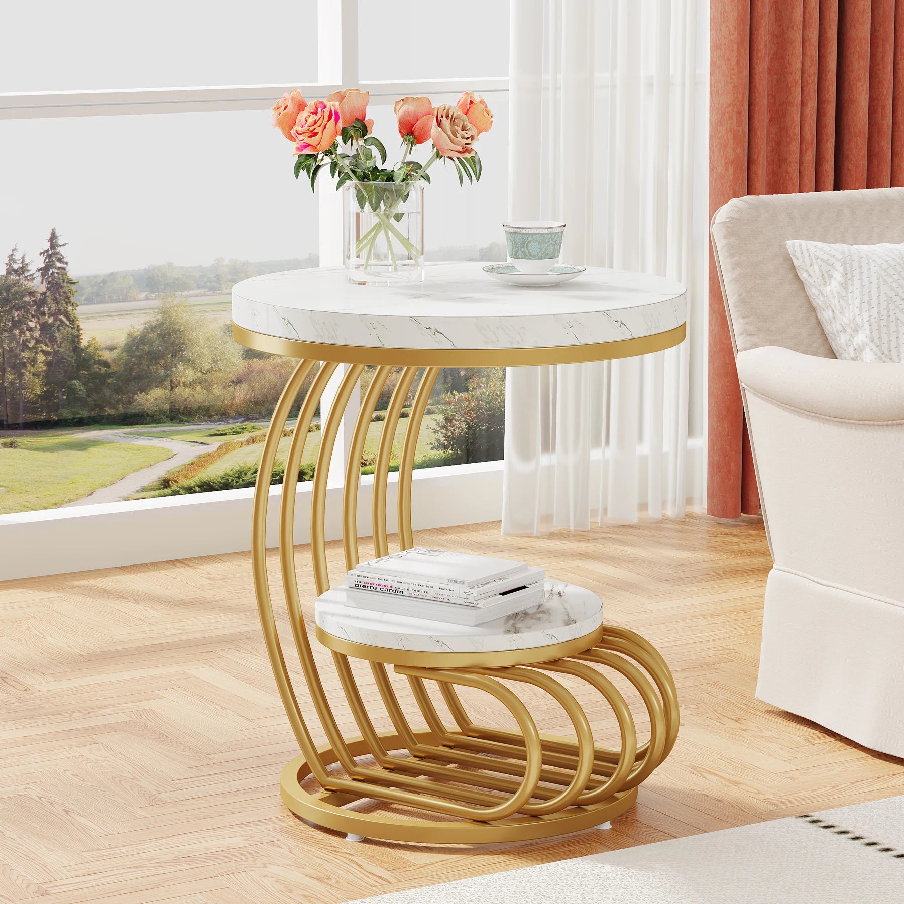 End Table-Tribesigns Gold Round Table, 2 Tiers Faux Marble Side Table, Table with Storage Shelf, Modern White Gold Bedside Table