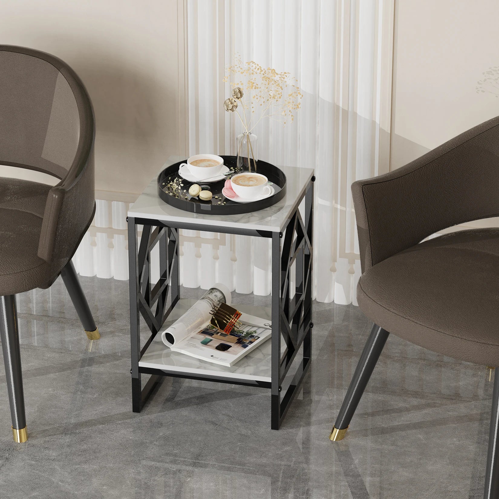 End Table-White Marble Top Side Table, Bedside Nightstand, Black Coated Frame Table