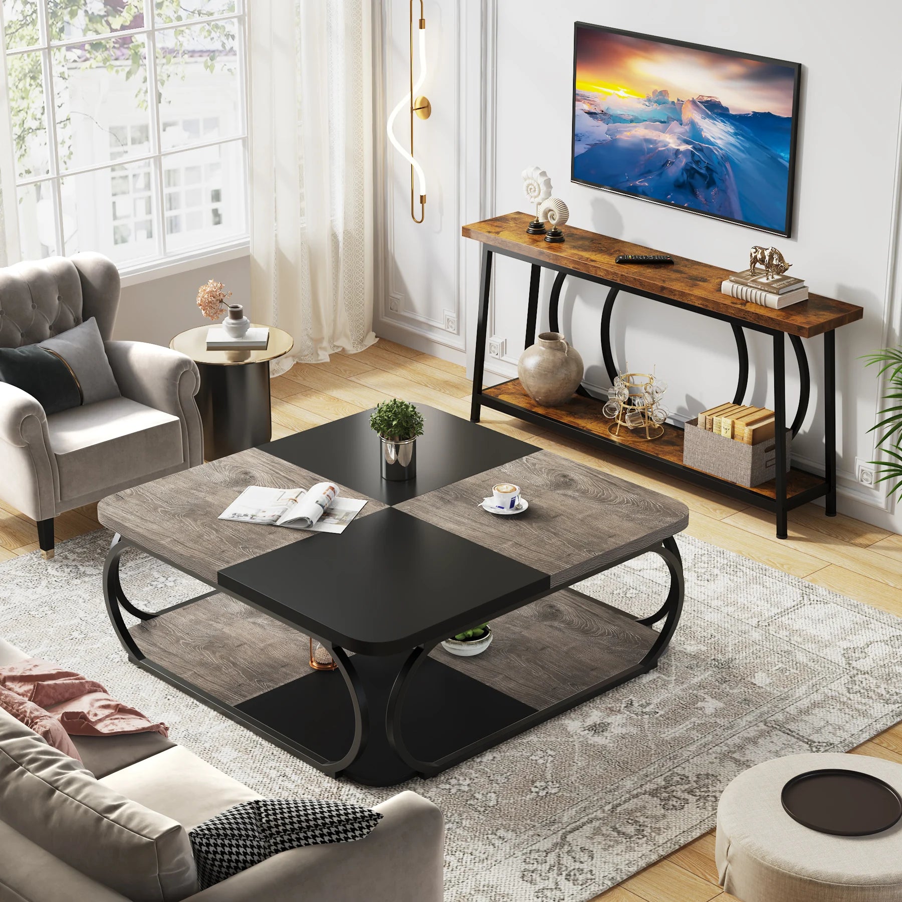 Coffee Table-Tribesigns Square Coffee Table, with 2 Tiers, 40 inches, Low Farmhouse Coffee Table, with Wood Storage Shelf, Heavy Duty Metal Curve