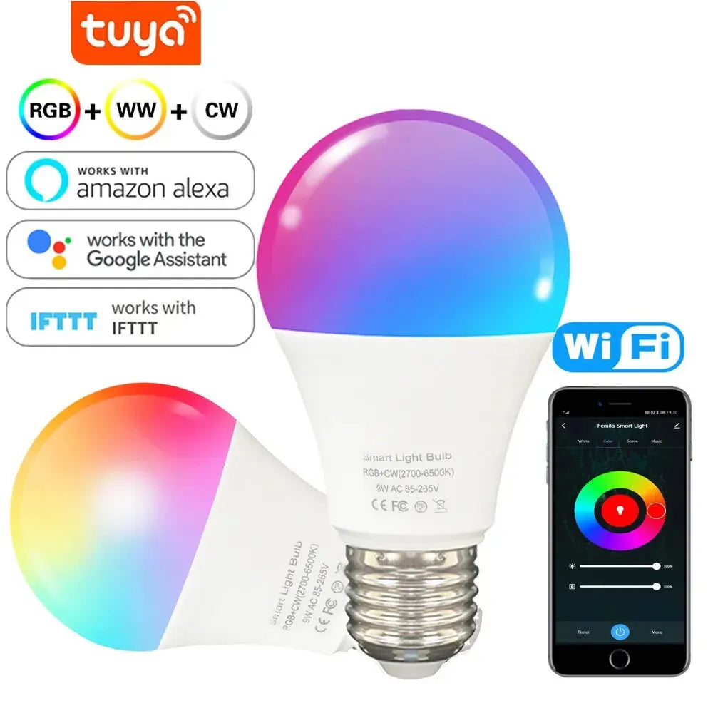 Smart LED Light Bulbs - RGB – E27 WiFi + Bluetooth, Tuya App Control, Works with Alexa & Google