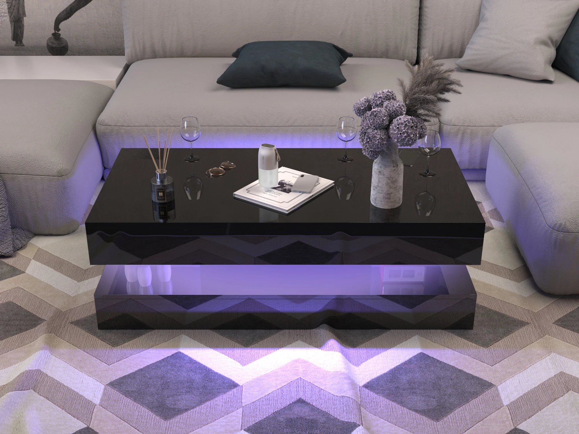 Coffee Table-47.2 High Glossy LED Coffee Table, Modern Center Table with 2 Storage Drawers for Living Room