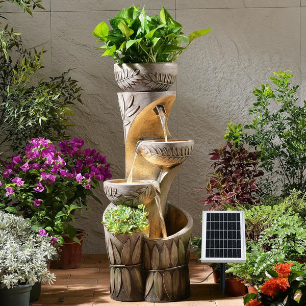 Water Fountain- 5-Tiers, Solar, Outdoor, 33.5" H Shape K Waterfall Fountain with LED Lights for Patio, Balconies, Lawns