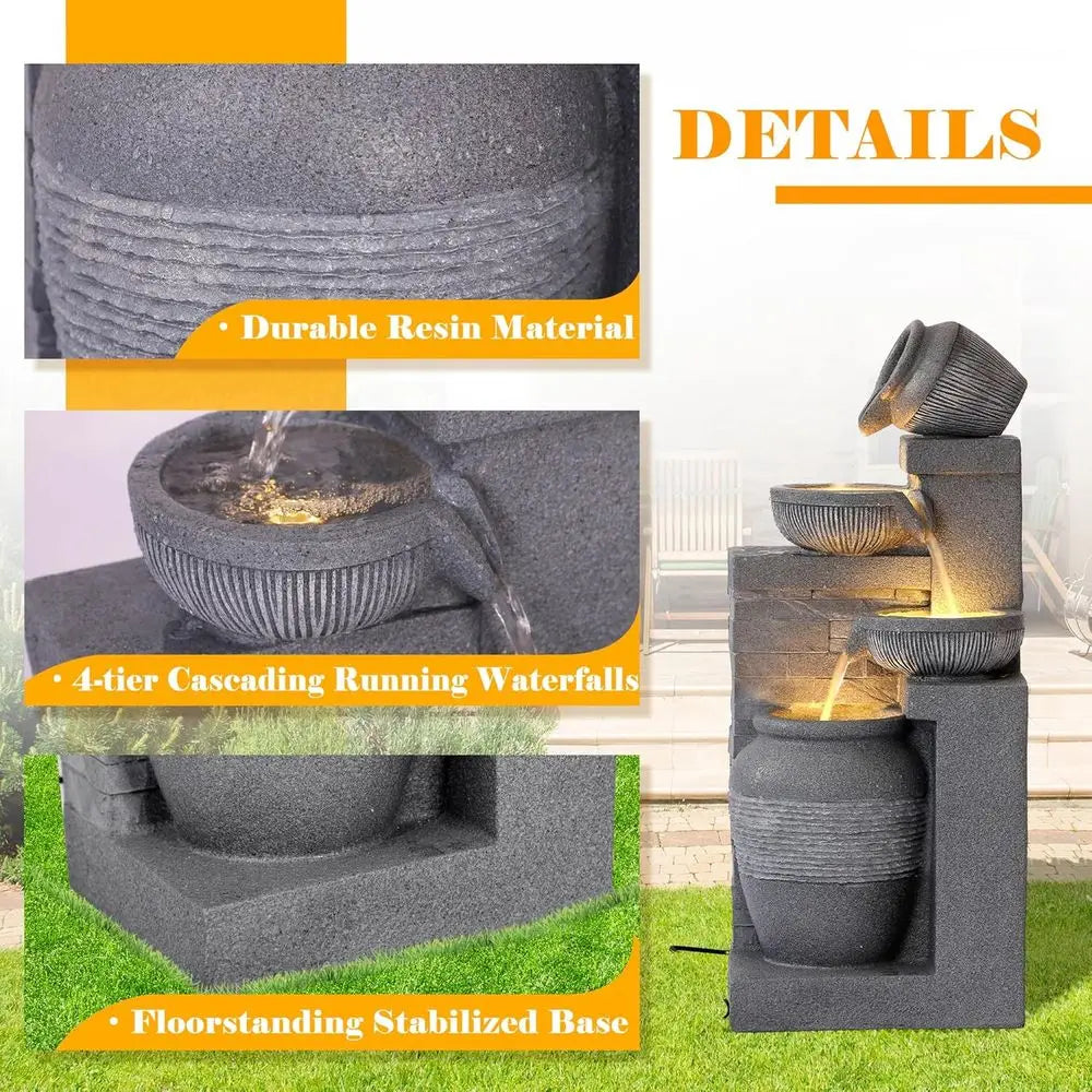 Water Fountain-4 Tiers, 32 inch, Cascading Resin Fountains and Waterfalls with LEDs and Bowls, Modern Floor-Stand, Outdoor/Indoor Garden