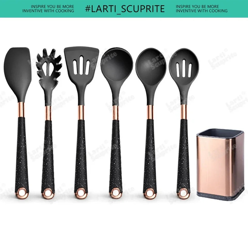 Kitchen- Heat-Resistant Silicone Cooking Set with Gold-Plated Handles – BPA-Free Kitchen Gadgets