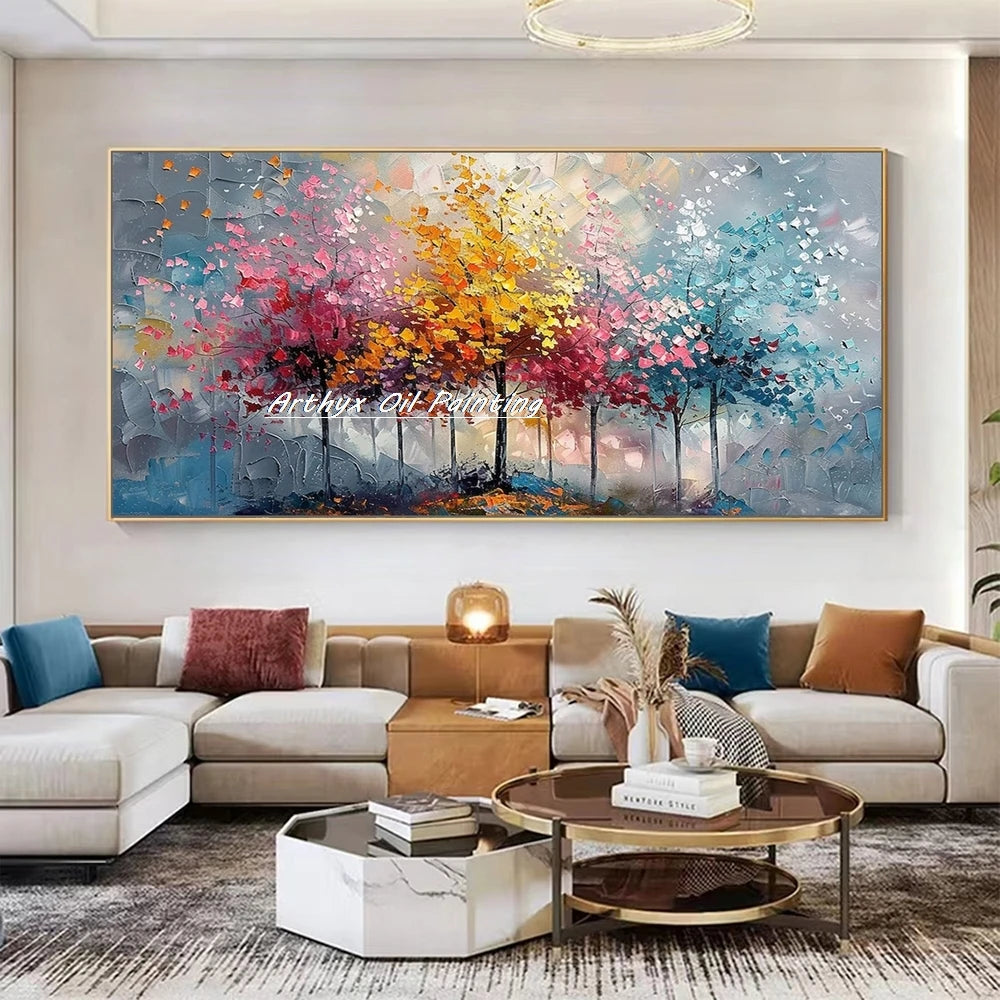 Canvas Art-Hand painted, Palette Knife, Tree, Oil Painting on Canvas, Modern Abstract Landscape Art Poster, Wall Pictures, Home Decor, Arthyx,Large