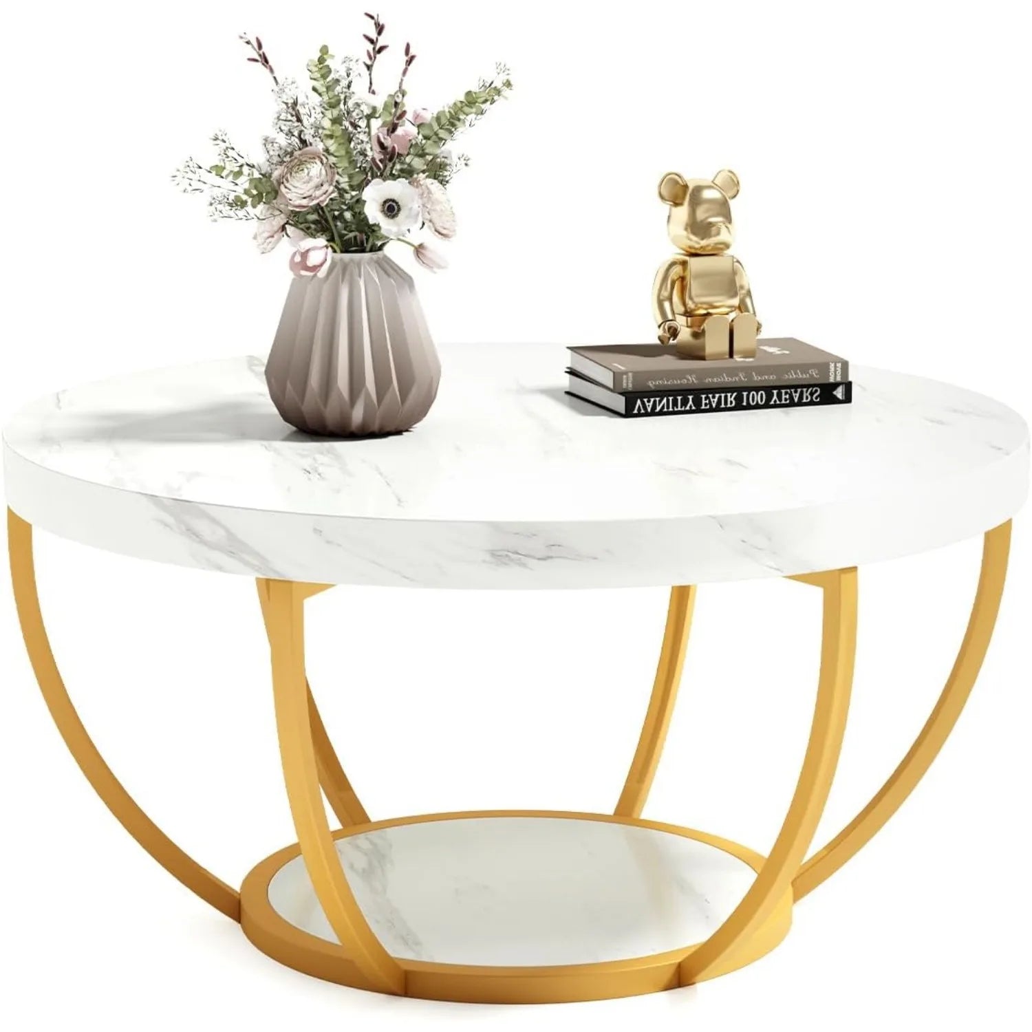 Accent Table-Circle Marble 32 inch – Modern Stylish 2-Tier Center Table with Golden Frame for Living Room