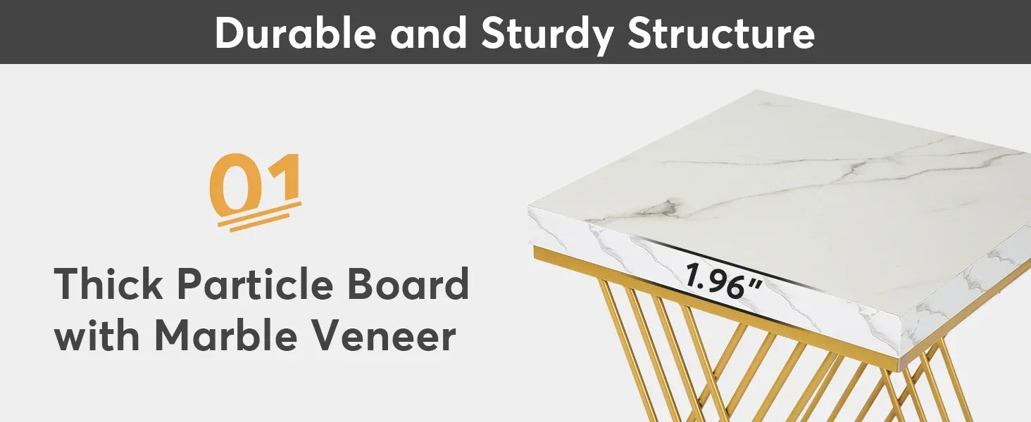 End Table-Square End Table, White Gold, 2-Tier Side Table, Modern Small Bedside Table with Storage for Couch ( Faux Marble White+Gold)
