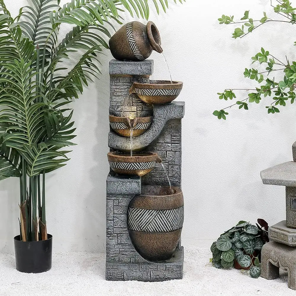 Water Fountain- 5-Tiers Indoor/Outdoor Water Fountain, 42.5 inches, Modern Floor-Standing Cascading Water Feature