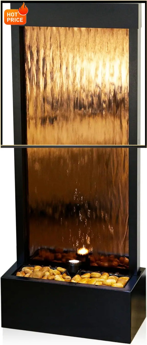 Water Fountain-Mirror Waterfall Fountain with Stones & Lights, Zen Indoor/Outdoor Fountain for Office, Living Room, Patio, Entryway