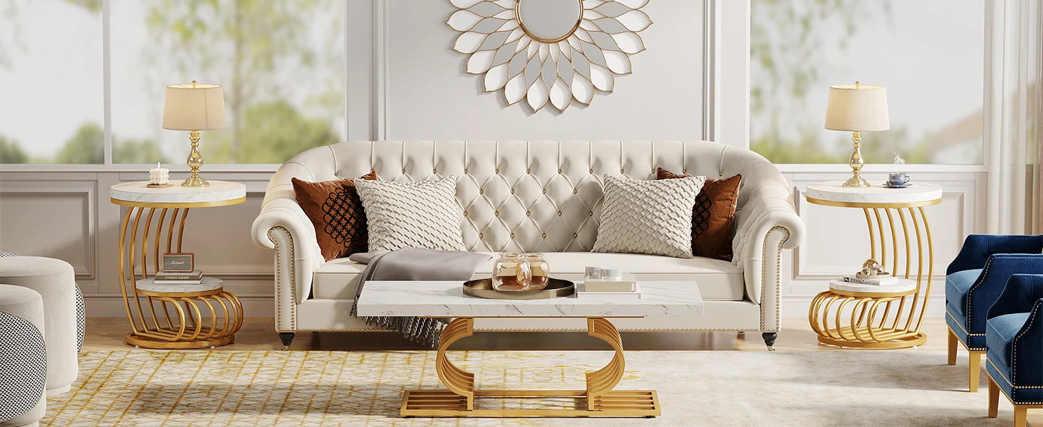 End Table-Tribesigns Gold Round Table, 2 Tiers Faux Marble Side Table, Table with Storage Shelf, Modern White Gold Bedside Table