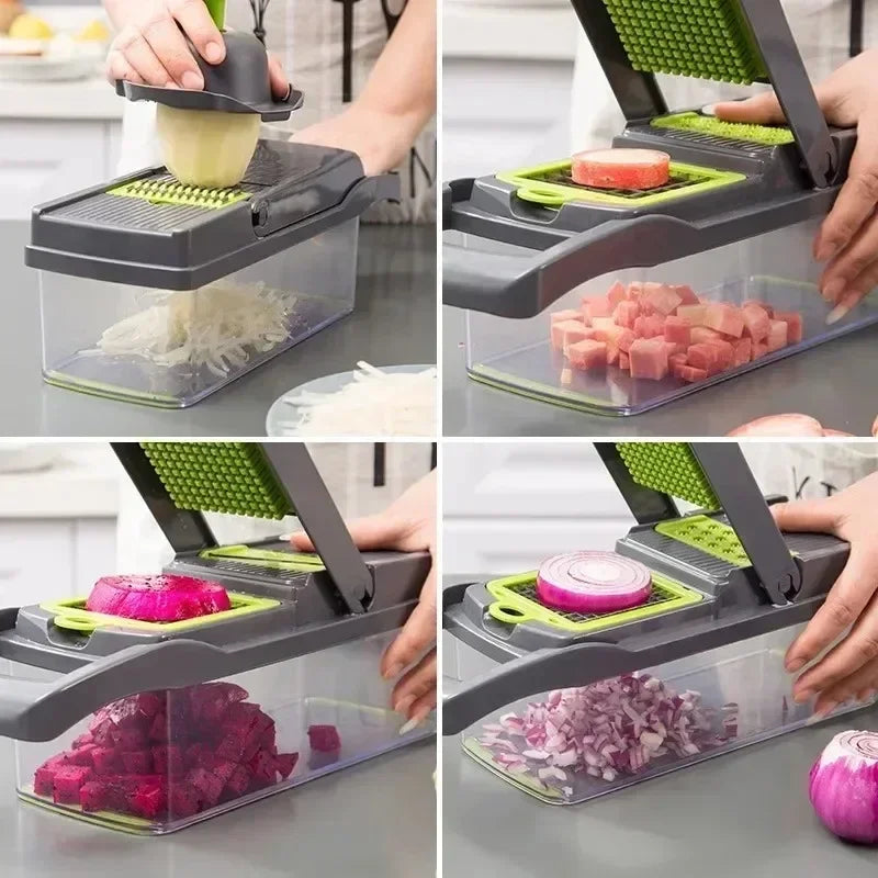 Kitchen-Multifunctional Vegetable Chopper & Slicer 14/16-in-1 with Basket – Shredder & Grinder for Fruits & Veggies