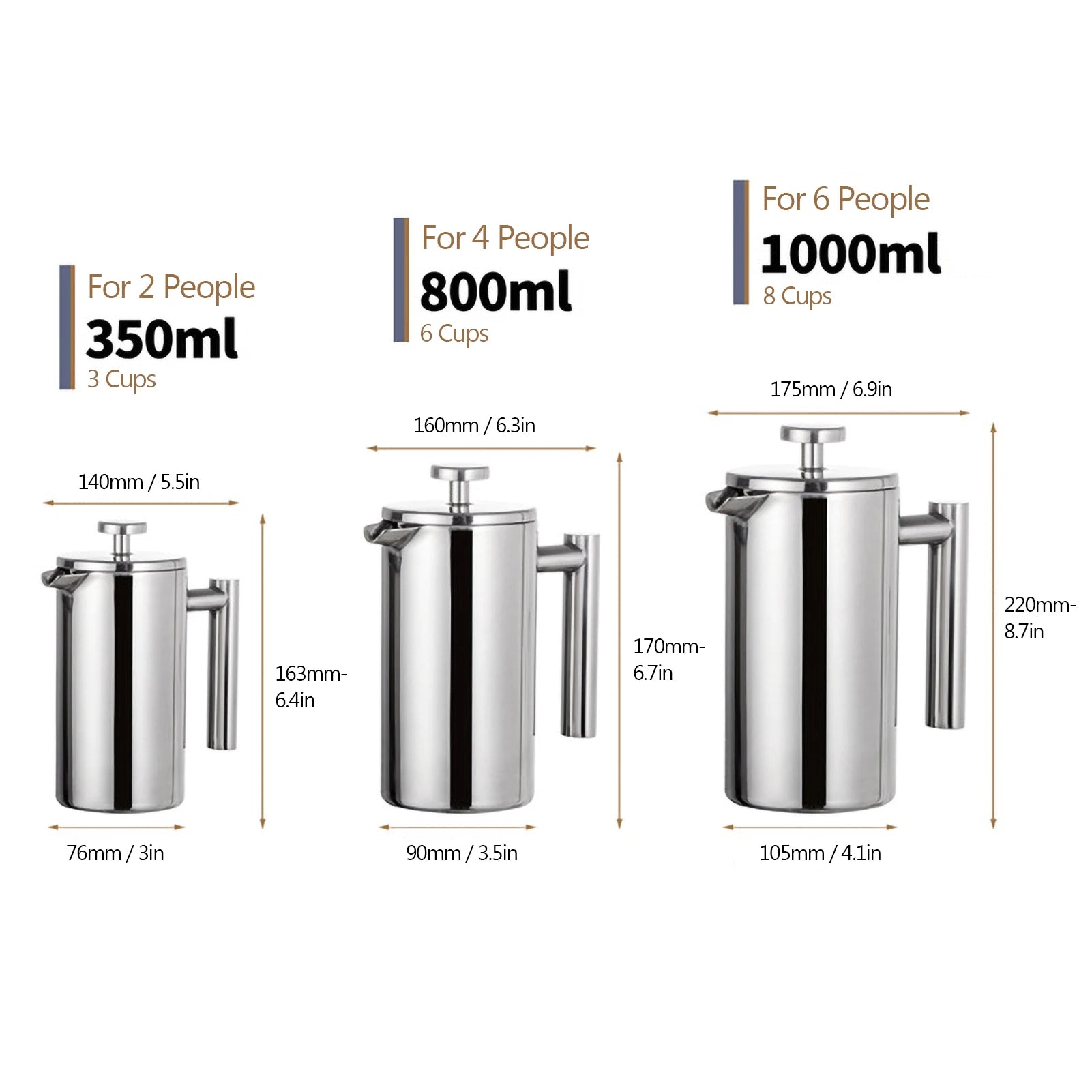 Home Kitchen: Coffee Maker: Stainless Steel French Press - 350ml/800ml/1000ml Double-Walled Insulated Coffee Pot