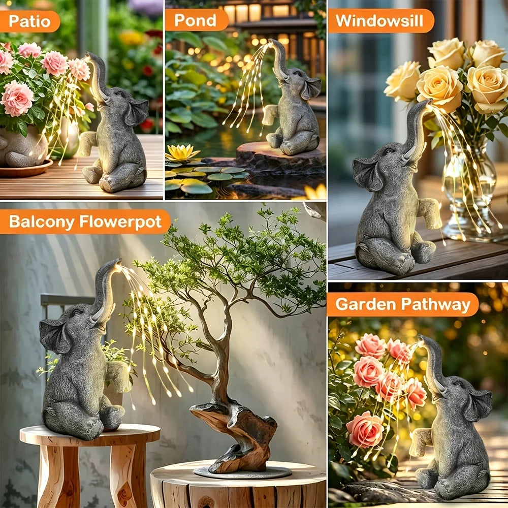 Figurine-Elephant Sculpture, Solar Water Spraying Elephant Sculpture, Outdoor, IP44 Waterproof, LED Lucky Elephant Ornament, Solar Light Sculpture