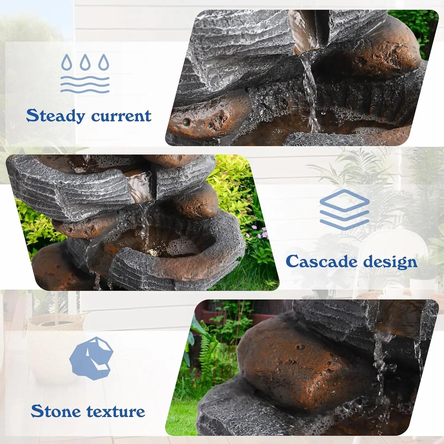 Water Fountain- 5-Tiers Cascading Rock Water Fountain Outdoor - Waterfalls Fountains with LED Lights, Outdoor/Indoor Resin Water Fountain