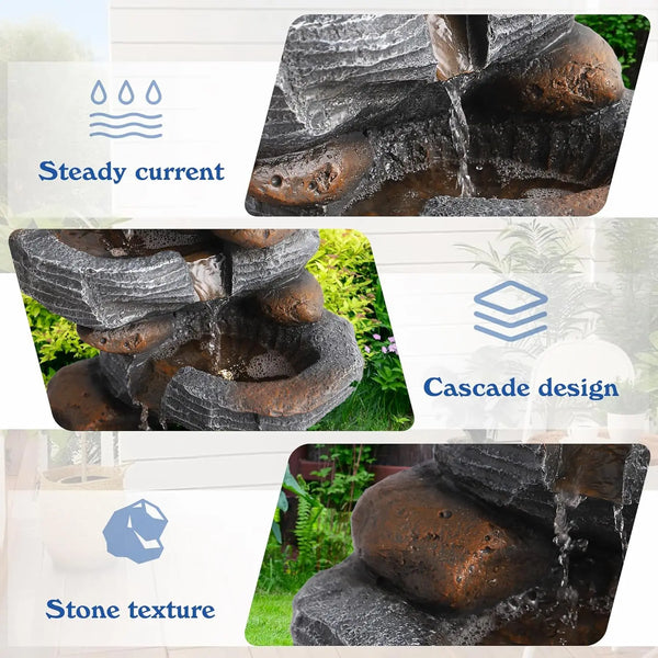 Water Fountain- 5-Tiers Cascading Rock Water Fountain Outdoor - Waterfalls Fountains with LED Lights, Outdoor/Indoor Resin Water Fountain