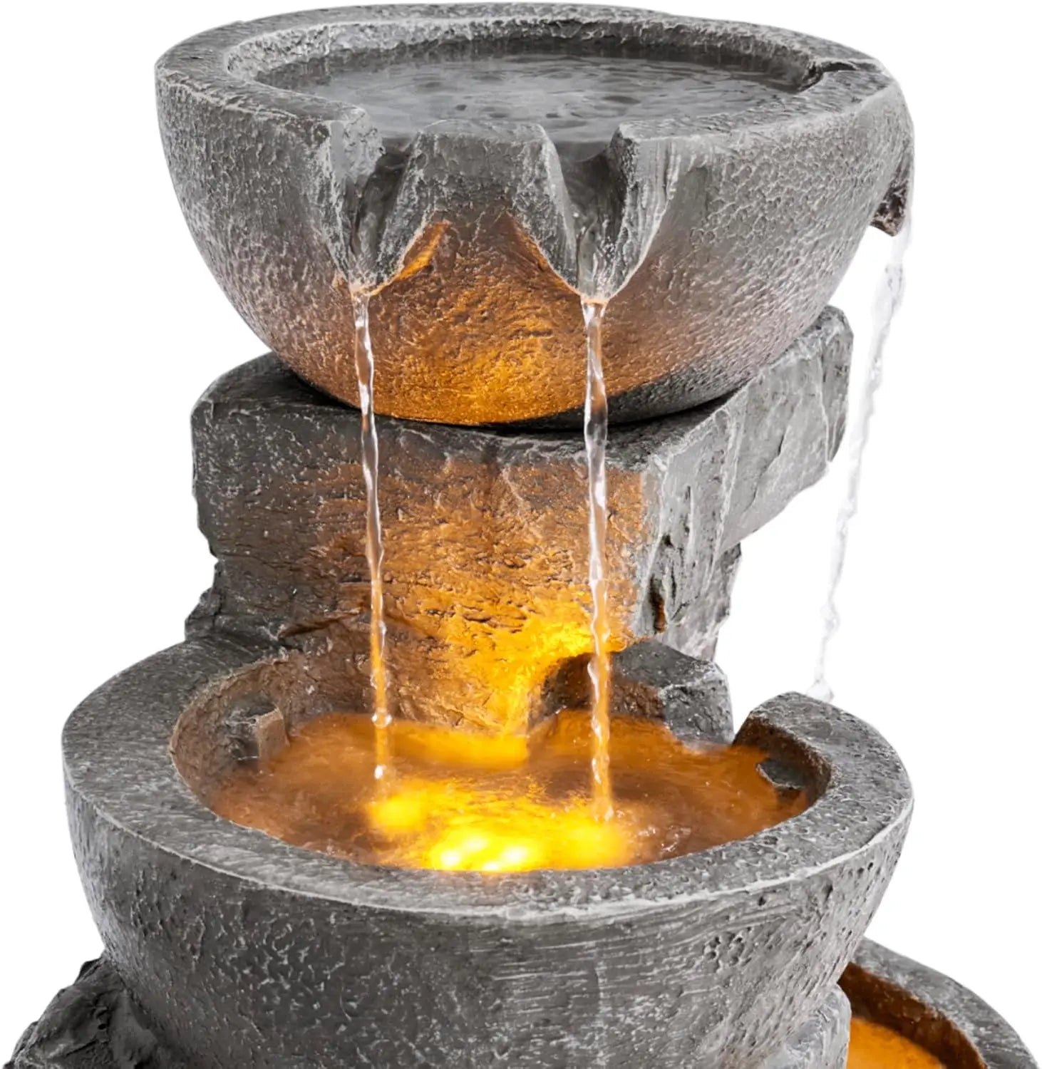 Water Fountain-LED Lights, 33.25 in. Cascading Bowls and Stacked Stones, Gardens, Landscaping, Patios, Balconies, Lawns