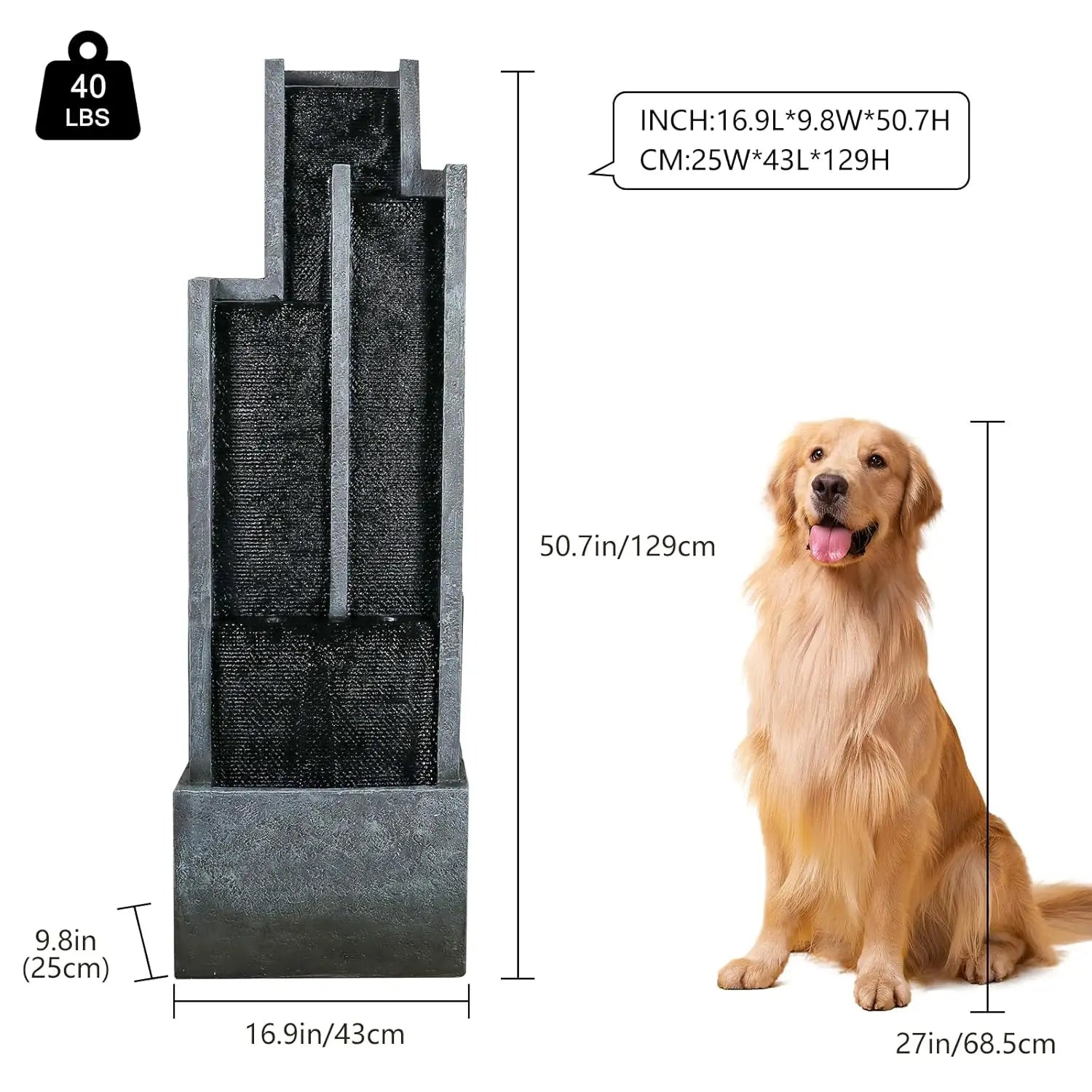 Water Fountain-50.7" Outdoor Water Fountain with LED & Pump, Modern Resin Floor Cascading Waterfall for Garden Patio, Customized