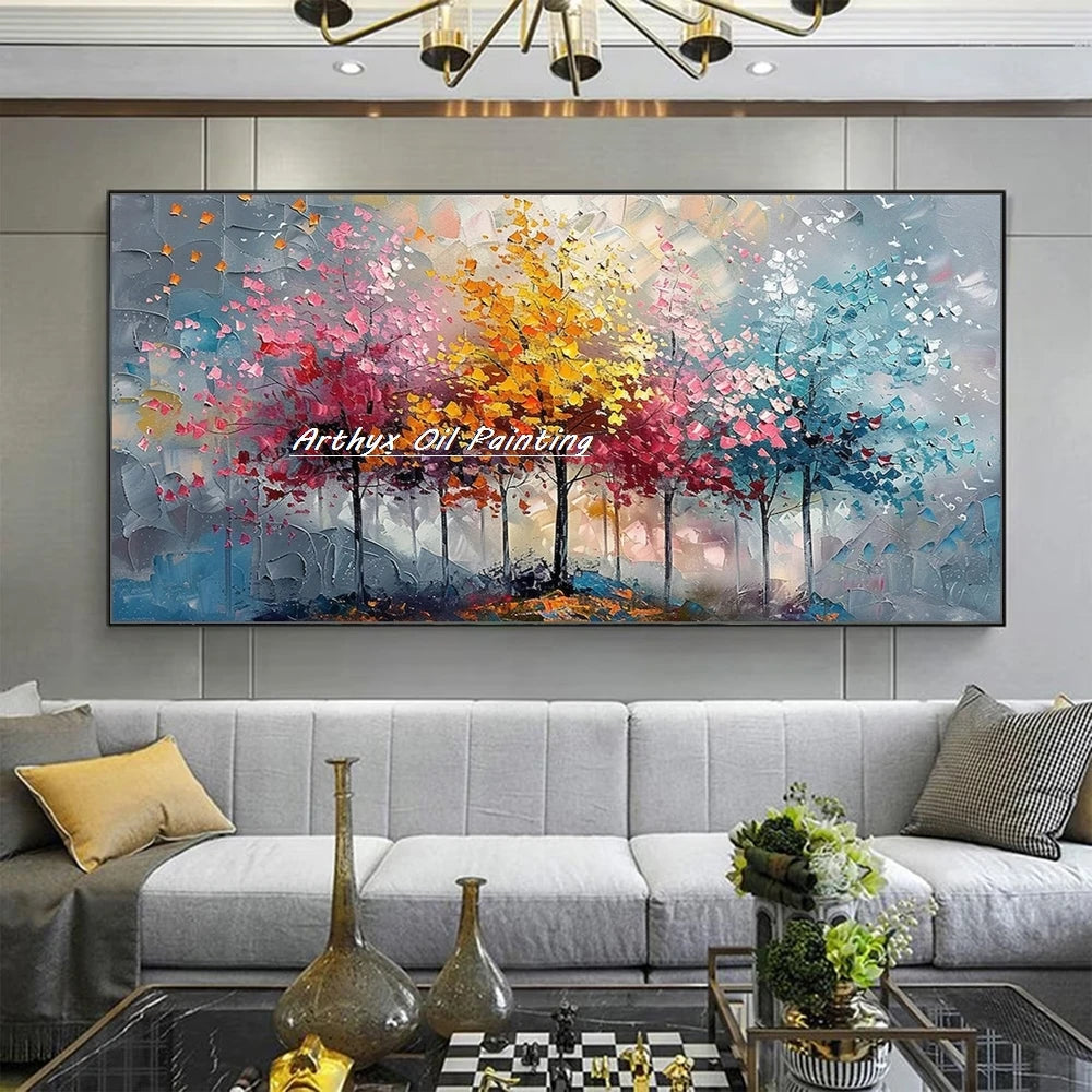 Canvas Art-Hand painted, Palette Knife, Tree, Oil Painting on Canvas, Modern Abstract Landscape Art Poster, Wall Pictures, Home Decor, Arthyx,Large