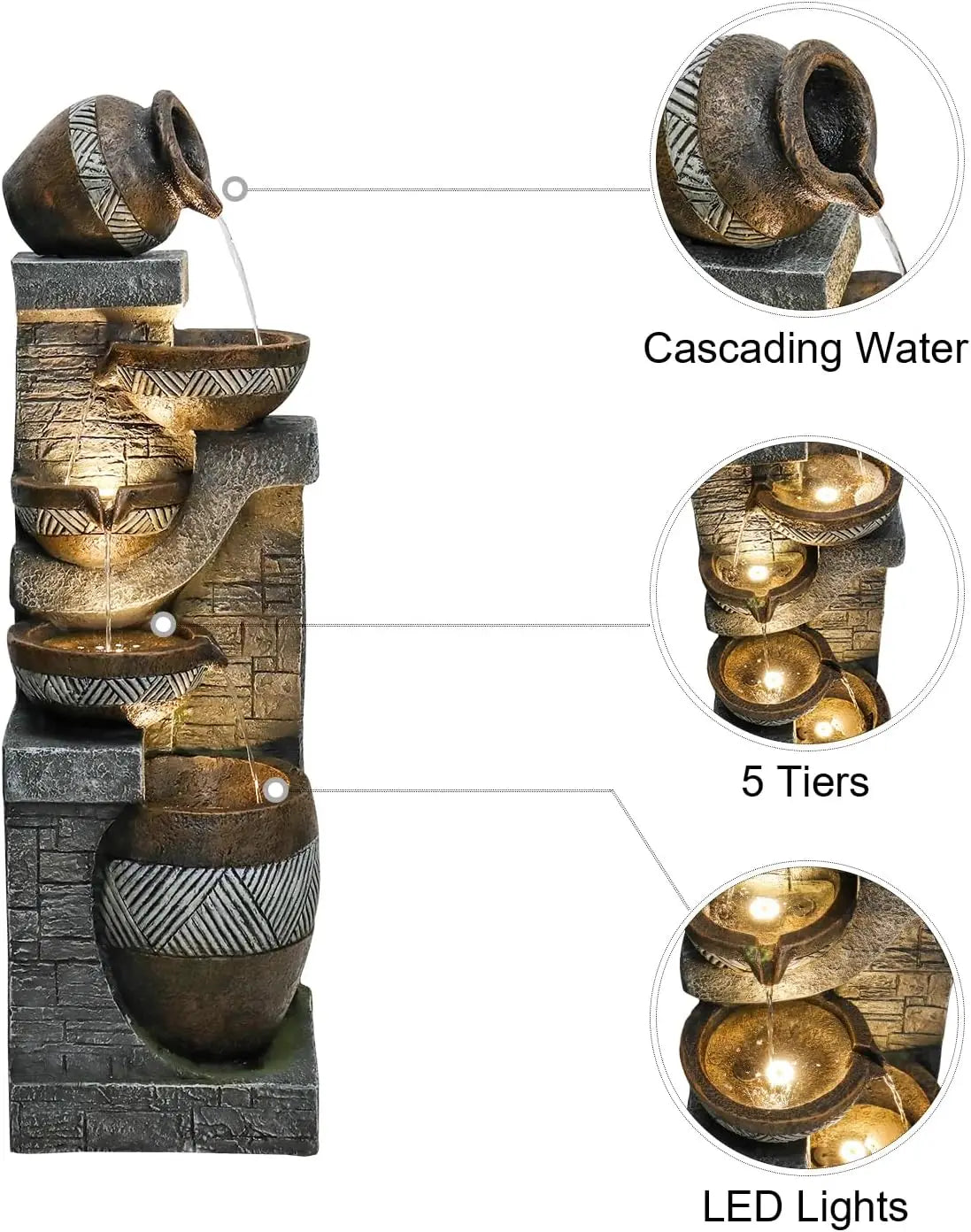 Water Fountain-LED Lights, 5 Tiers, Indoor/Outdoor, Garden, 42.5 in, Modern Floor-Standing, Cascading, Water Feature, Suitable for Deck
