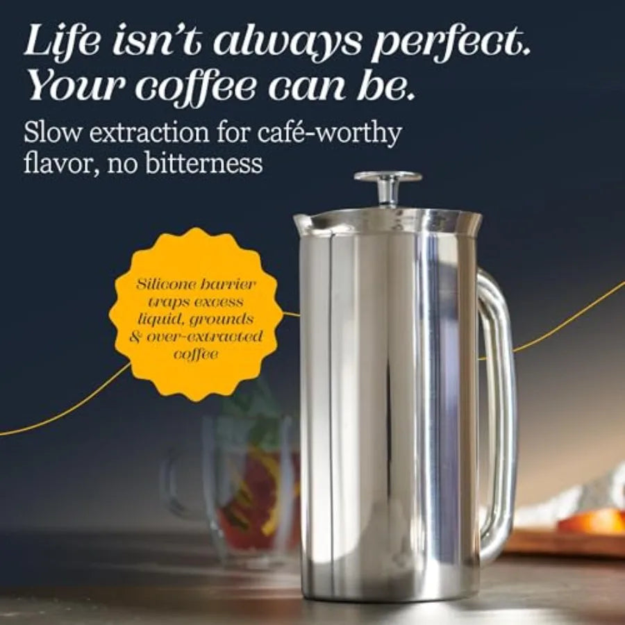 French Press-P7 Polished Stainless Steel, 304 Patented, Double Walled Micro-Filter, Insulated French Press Coffee Maker, Grit-Free
