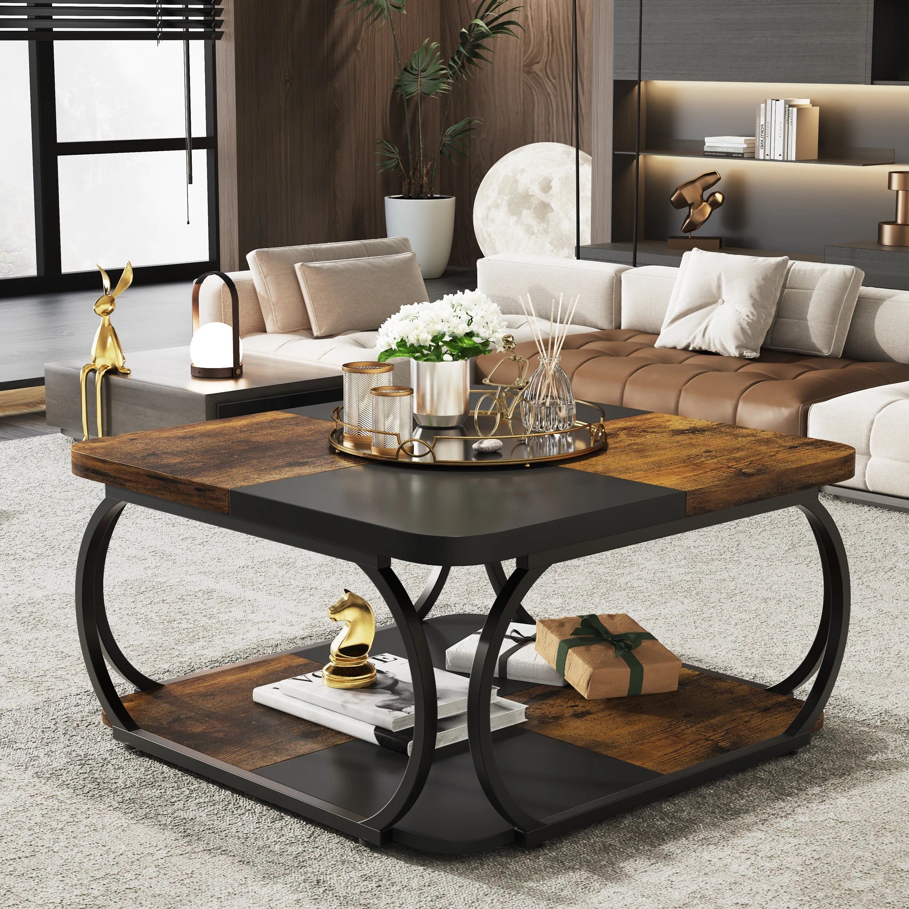 Coffee Table-Tribesigns Square Coffee Table, with 2 Tiers, 40 inches, Low Farmhouse Coffee Table, with Wood Storage Shelf, Heavy Duty Metal Curve
