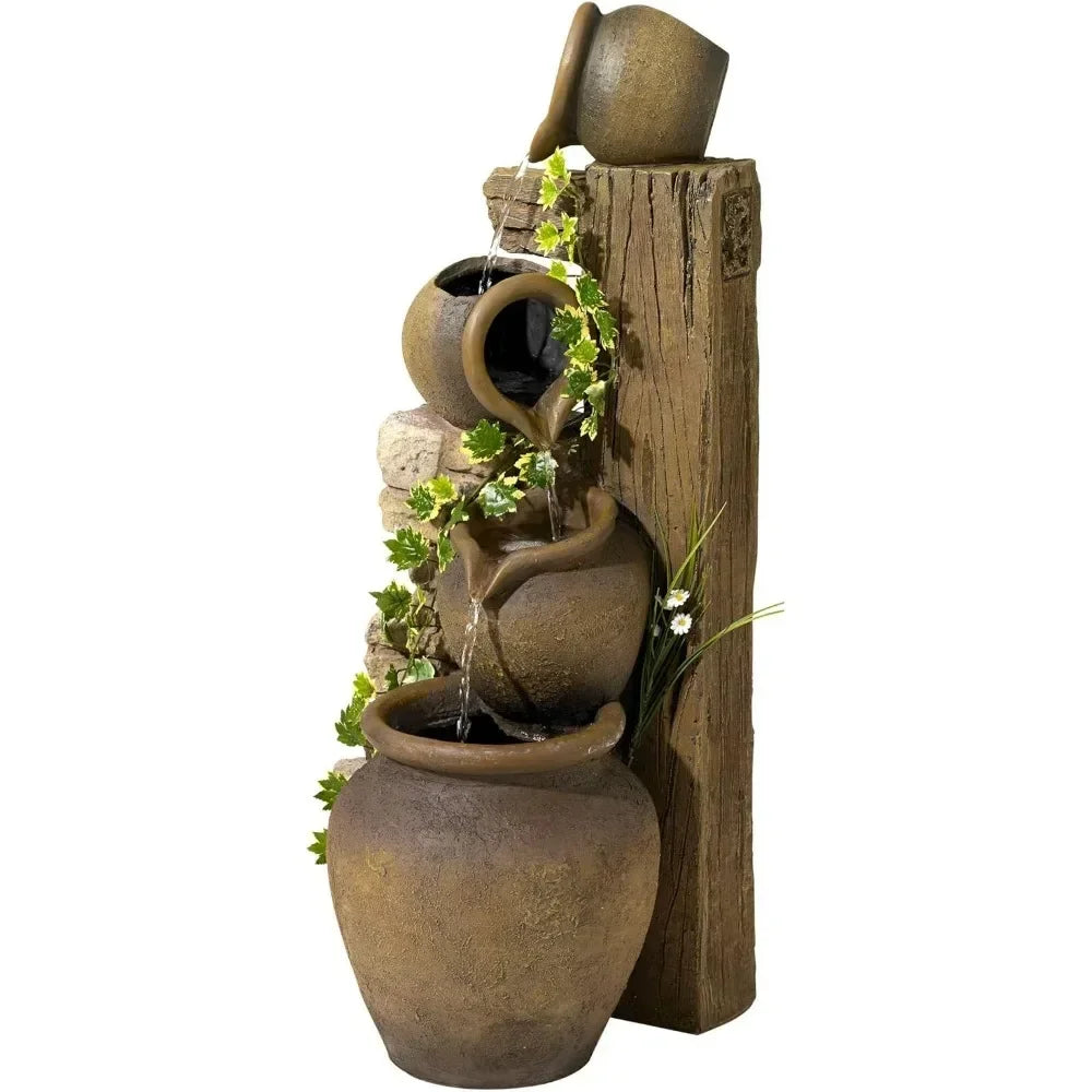 Outdoor Decor: Floor Fountain: Cascading Rustic Outdoor Floor Three Jugs Fountain and Waterfalls