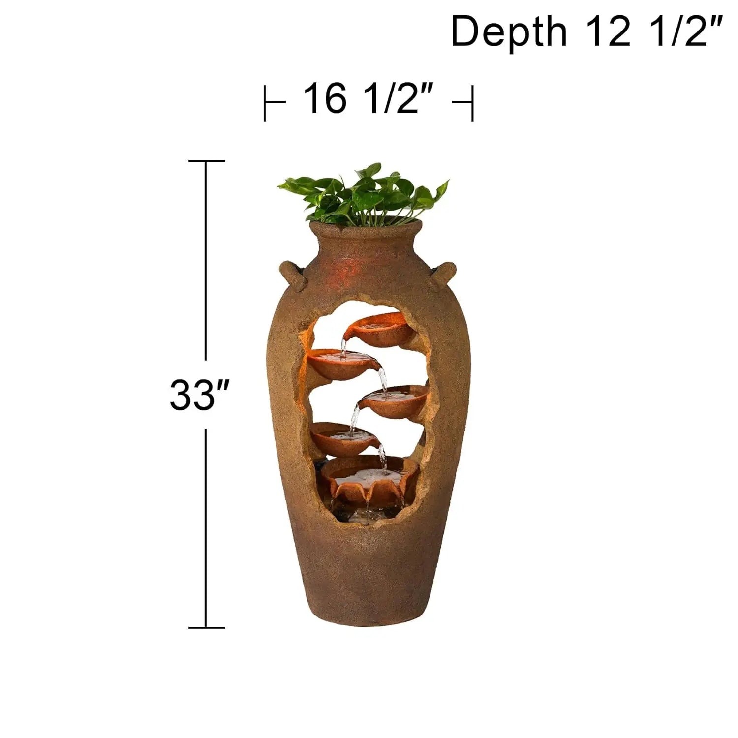 Water Fountain-Cascade Rustic Faux Stone Floor Fountain, Urn Waterfalls Fountain, 33" High with LED Light, Planter Waterfall