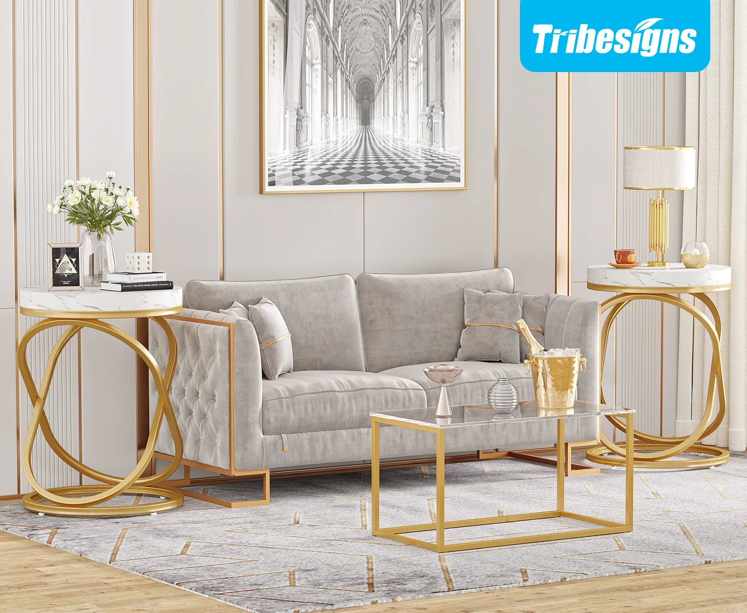Tribesigns 26 Inches White and Gold Faux Marble Top End Tables Living Room, Round Nightstands Sofa Side Table with X-Shaped