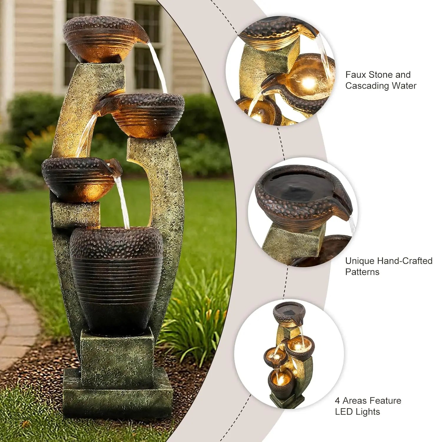 Water Fountain-LED Lights, 4-Tier Crocks, 40 in Tall, Outdoor Waterfall, Large Garden Fountain