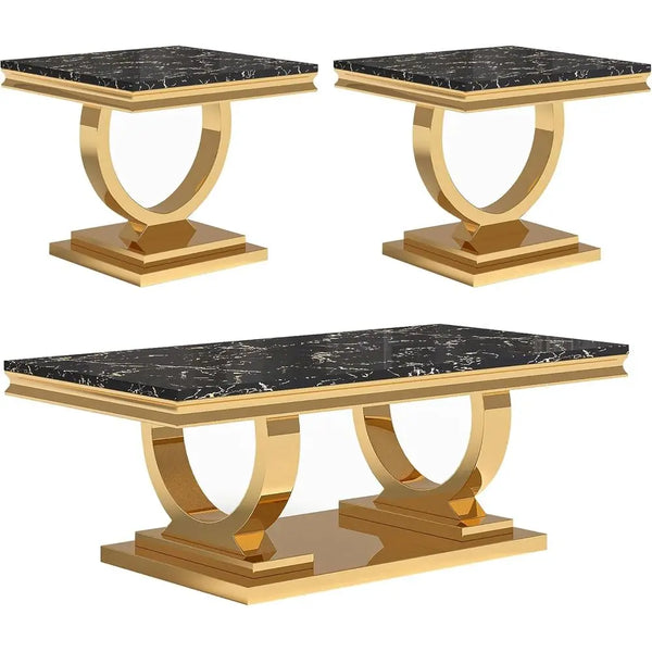 Coffee Table Set- 3-Piece set, 1 Rectangular Coffee Table, 2 Square Side Tables, Elegant Living Room Furniture with Black Marble Top