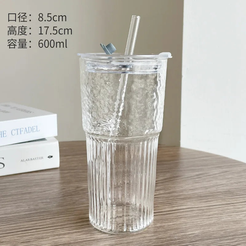 Home Kitchen: Drinkware: 600ml Stripe Glass Cup -  Transparent with Lid and Straw