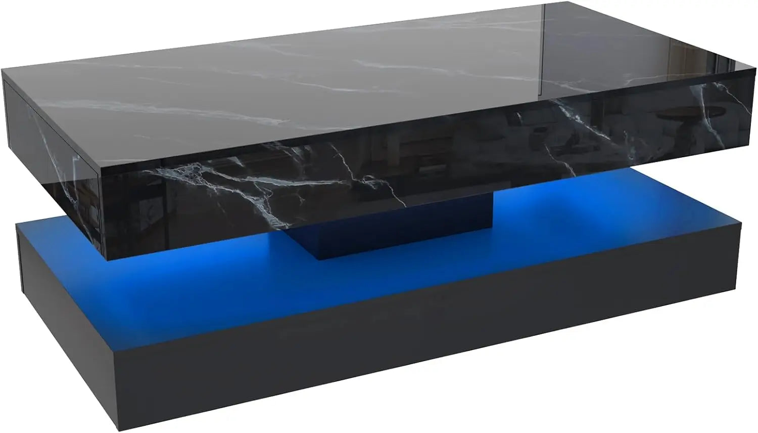 Coffee Table-Modern Stylish Coffee Table with LED lights, Double-Layer Design for Living Room Coffee Table with 2 Storage Drawers