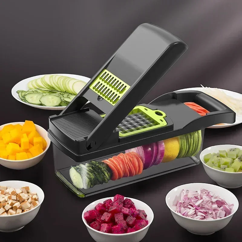 Kitchen-Multifunctional Vegetable Chopper & Slicer 14/16-in-1 with Basket – Shredder & Grinder for Fruits & Veggies