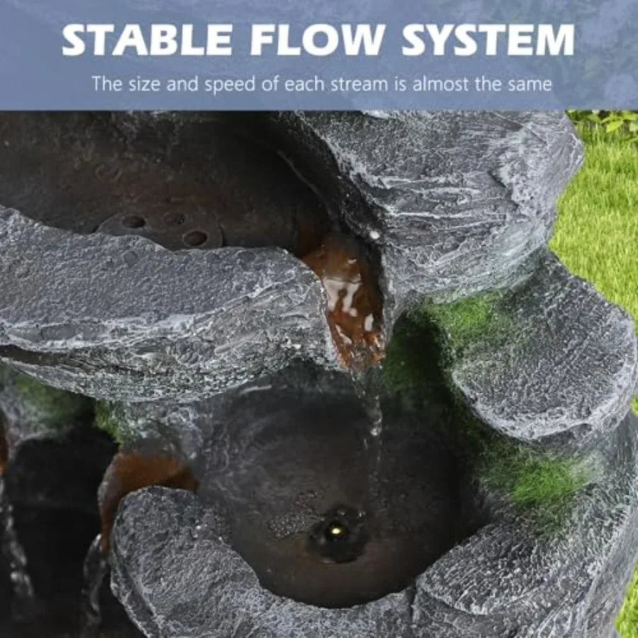 Water Fountain-7 Tiers Cascading, Rock Water Fountain, LED Lights, Outdoor Waterfall Fountain, Garden, Deck, Backyard, Patio, Porch