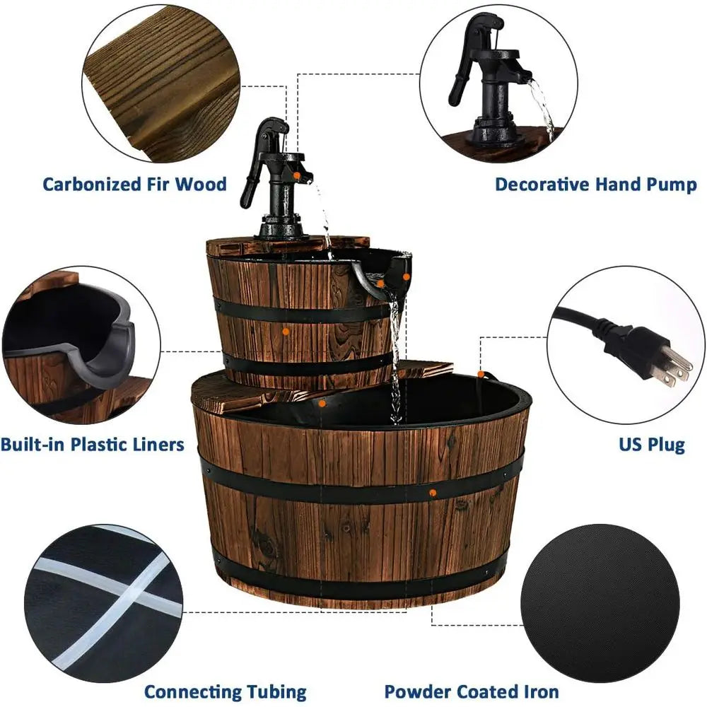 Water Fountain- 2-Tier Barrel Waterfall Fountain, Outdoor, Rustic Wood Barrel, Cascading Water Fountain with Electric Pump, Outdoor Water Feature