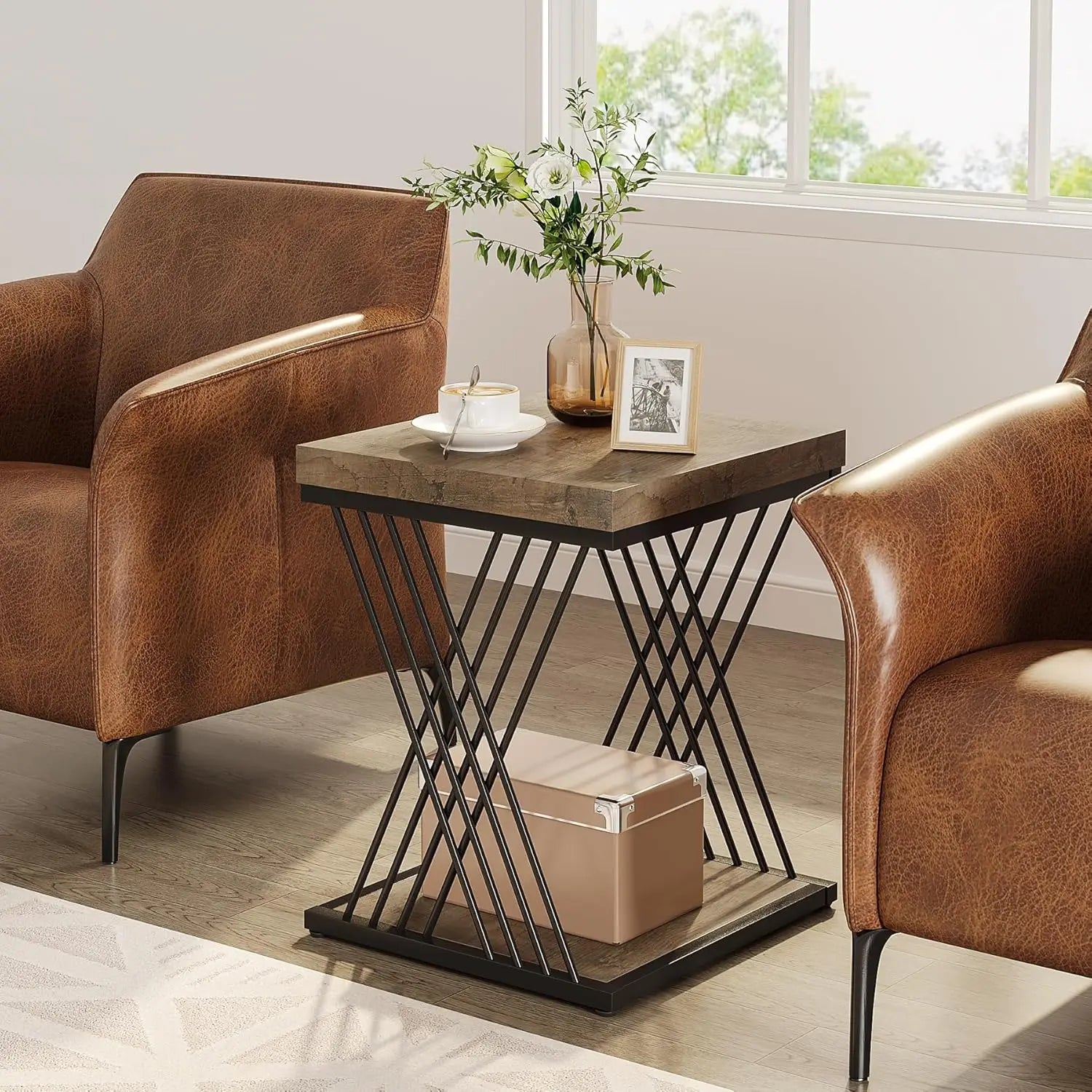 Accent Table-Square End Table White Gold 2-Tier Side Table Modern Small Bedside Table with Storage for Couch, Sofa Side Table, Customized