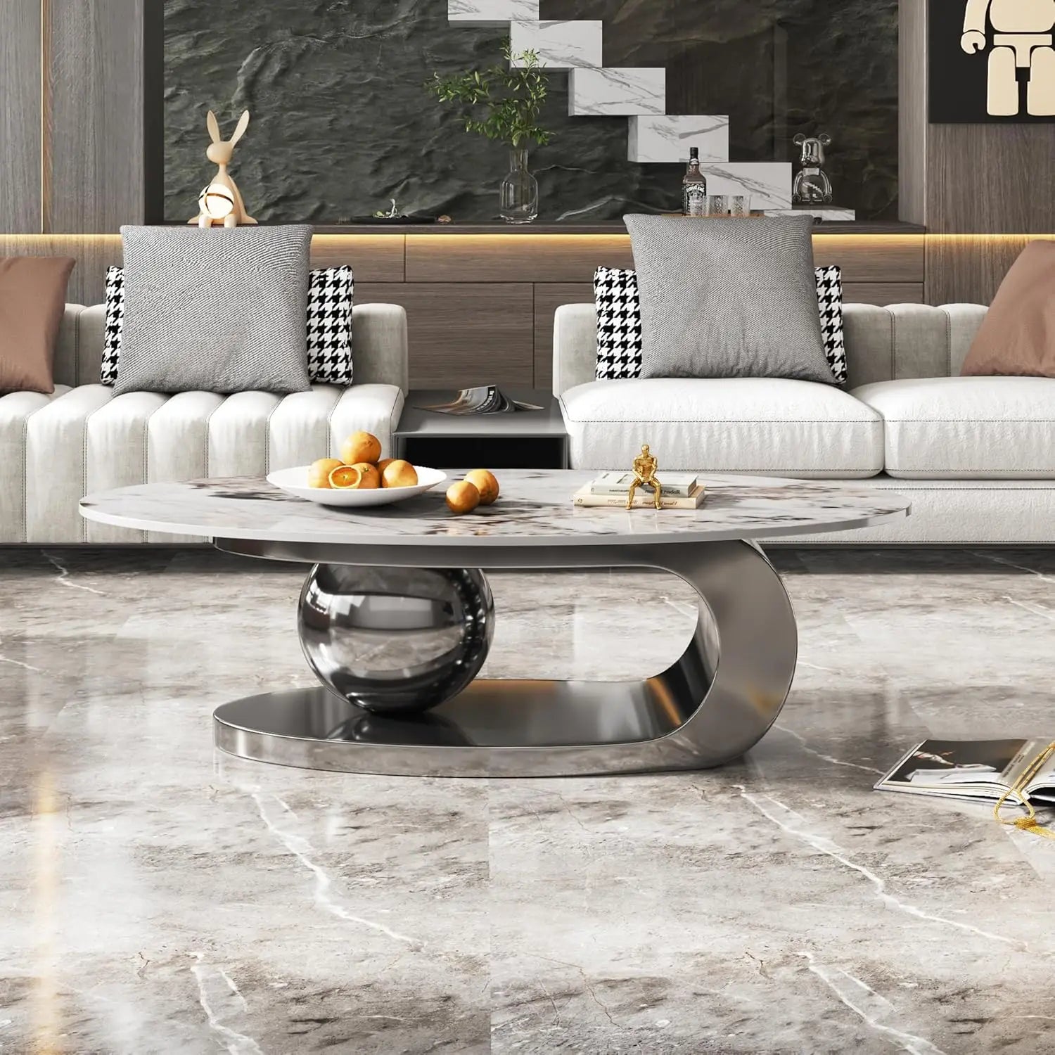 Coffee Table-Modern with Silver Stainless Steel Pedestal, Oval, Living Room Table, with Faux Marble Top, & Luxury, Customized