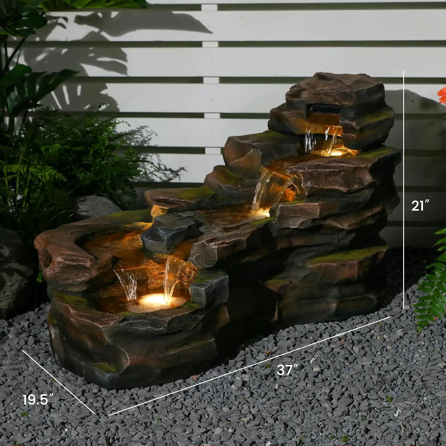 Water Fountain-LED Lights, Outdoor, Floor Standing, 5-Tiers, Rock Natural, Waterfall, Garden