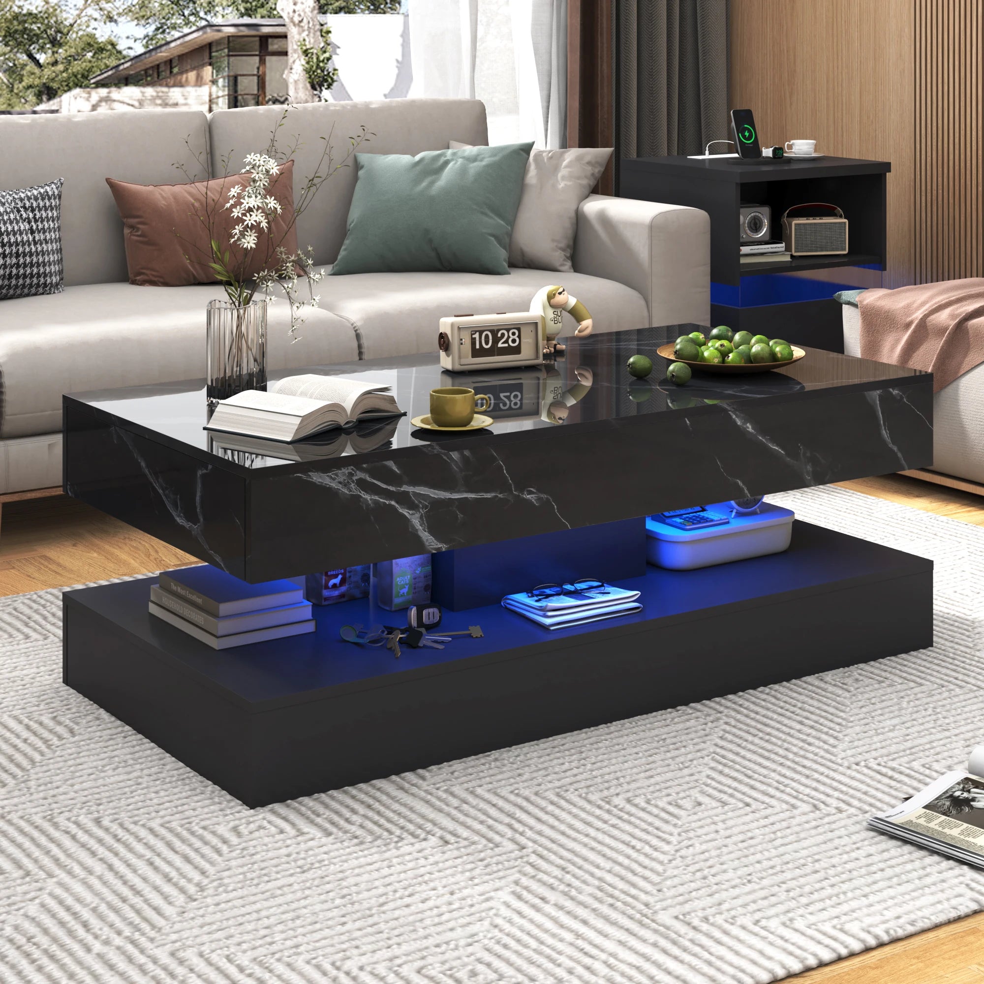 Coffee Table-Modern Stylish Coffee Table with LED lights, Double-Layer Design for Living Room Coffee Table with 2 Storage Drawers