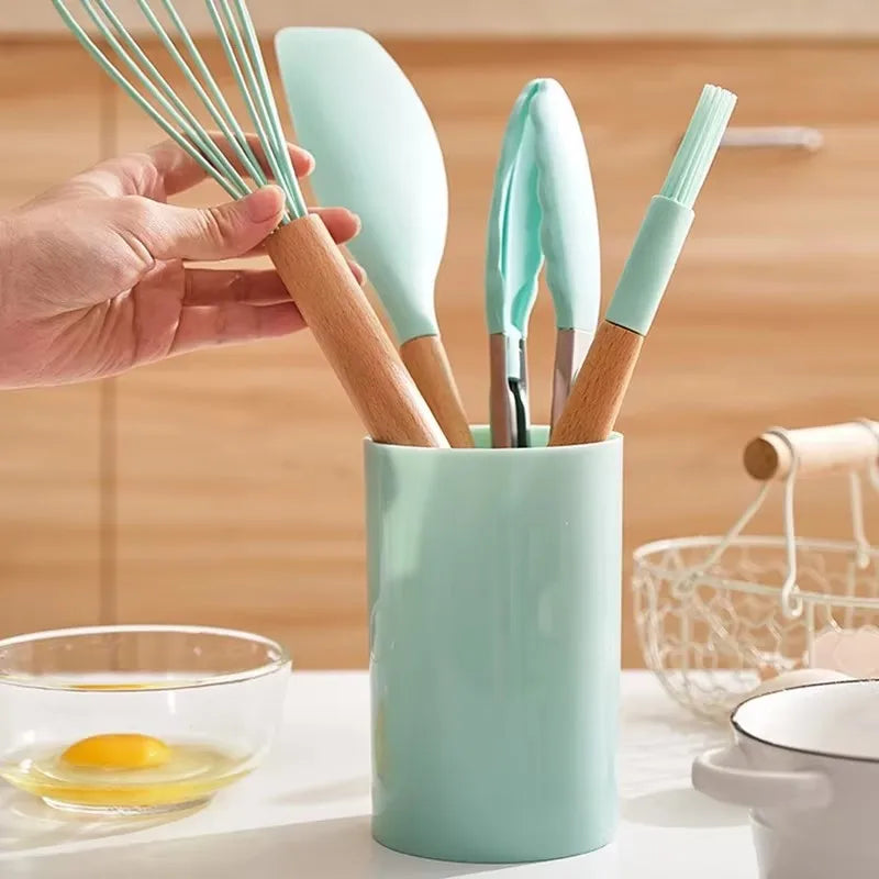 Home Kitchen: Utensil: Silicone with Wooden Handle - 12 Pcs Set - Non-stick Kitchenware