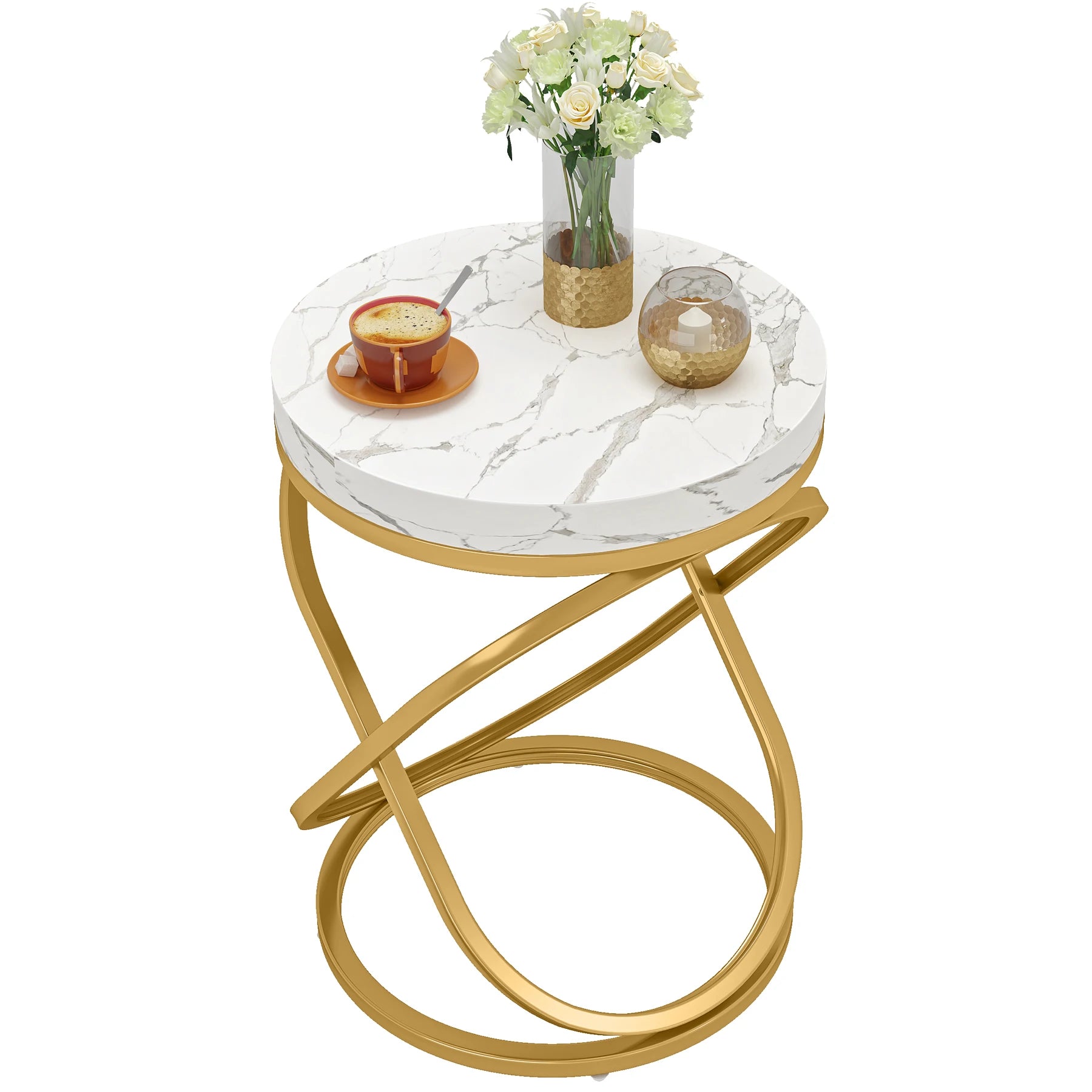 Tribesigns 26 Inches White and Gold Faux Marble Top End Tables Living Room, Round Nightstands Sofa Side Table with X-Shaped