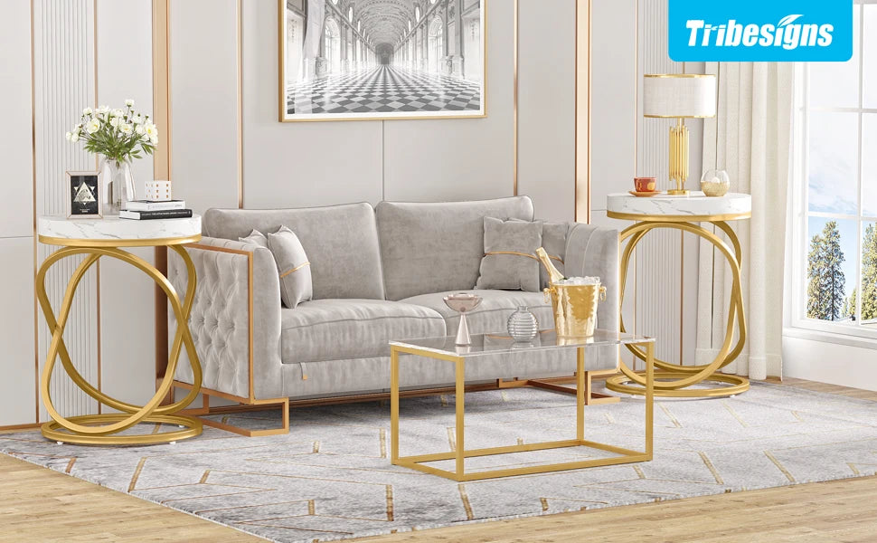 Tribesigns 26 Inches White and Gold Faux Marble Top End Tables Living Room, Round Nightstands Sofa Side Table with X-Shaped