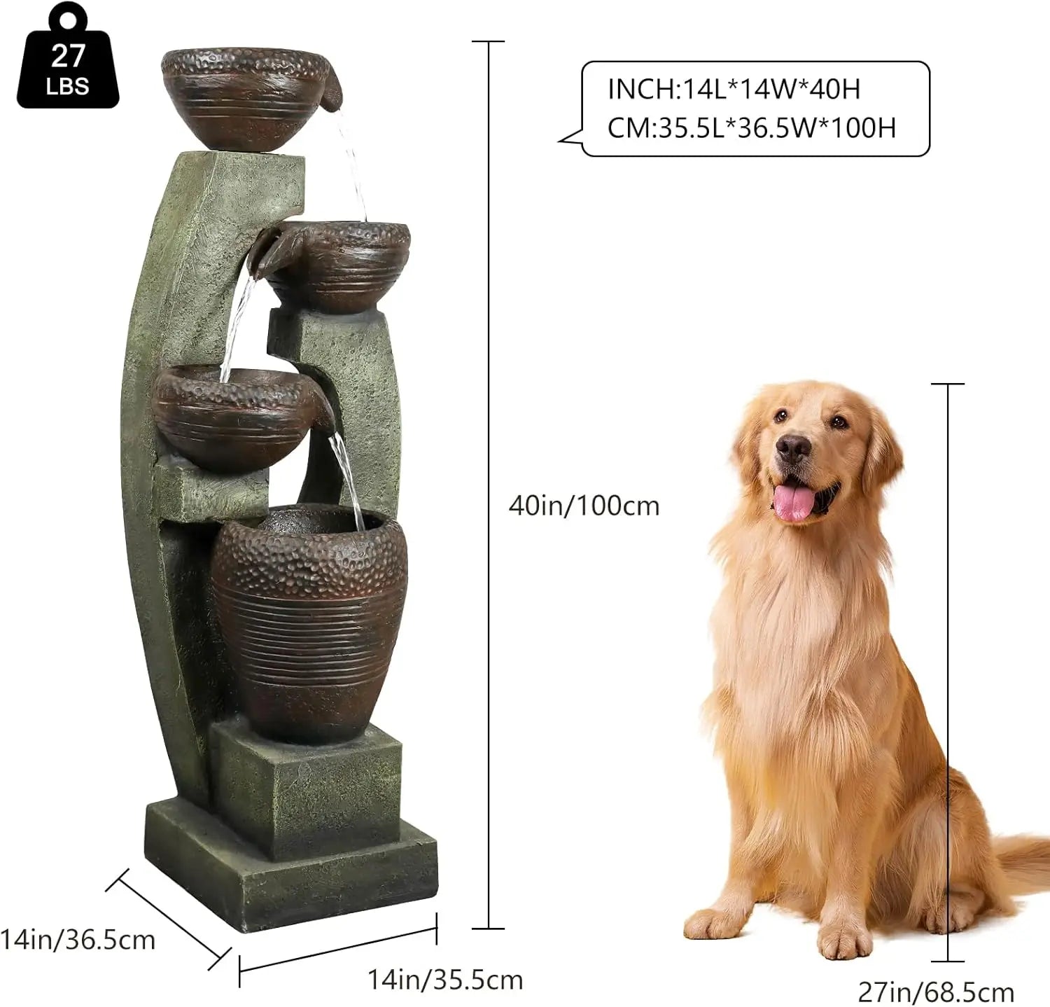Water Fountain-LED Lights, 4-Tier Crocks, 40 in Tall, Outdoor Waterfall, Large Garden Fountain