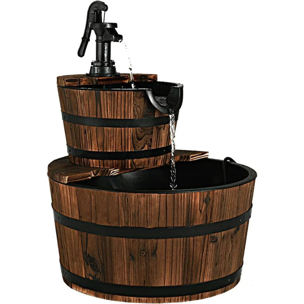 Water Fountain-Barrel Waterfall Outdoor, Rustic, Wood Barrel, Cascading, Electric Pump, Water Feature